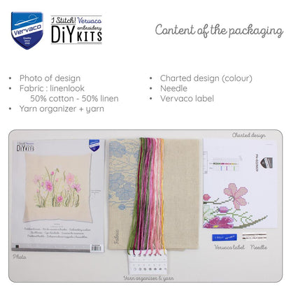 Pink Flowers – Broderikit til Pute med Påtrykt Mønster fra Vervaco