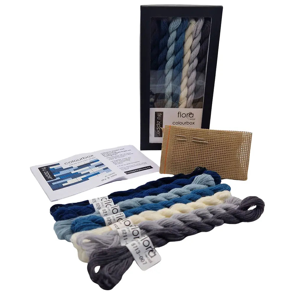 Bildet viser broerisett av Sky and sea eske med Flora wool garn
