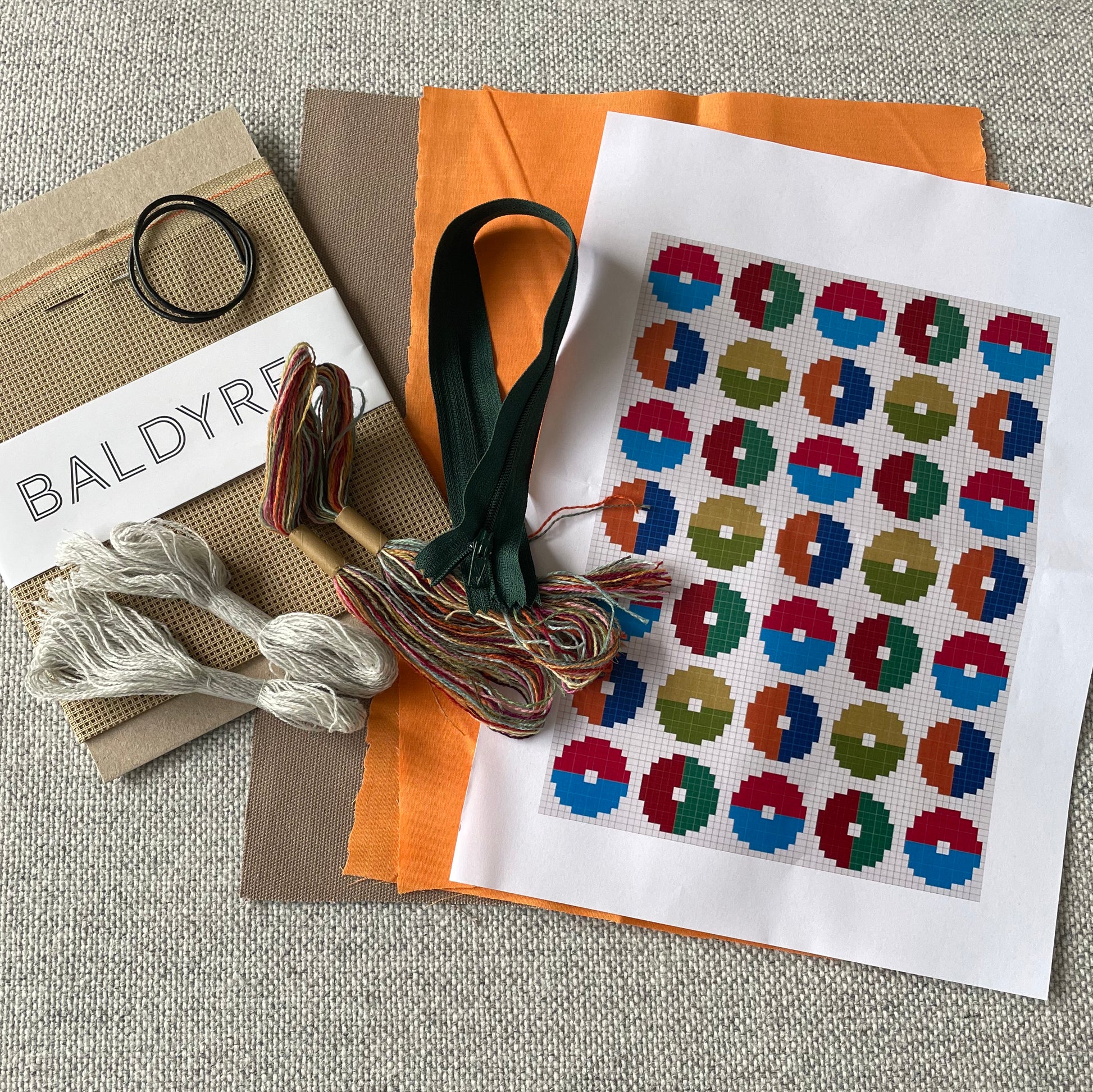 Her vises innholdet i Tosca broderikit, stramei, garn, mønster, glidelås og bakstykke/for