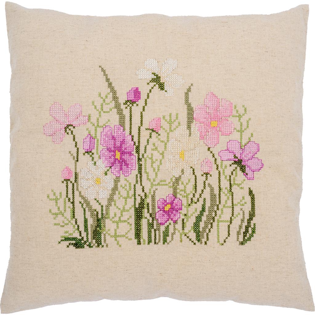 Pink Flowers – Broderikit til Pute med Påtrykt Mønster fra Vervaco