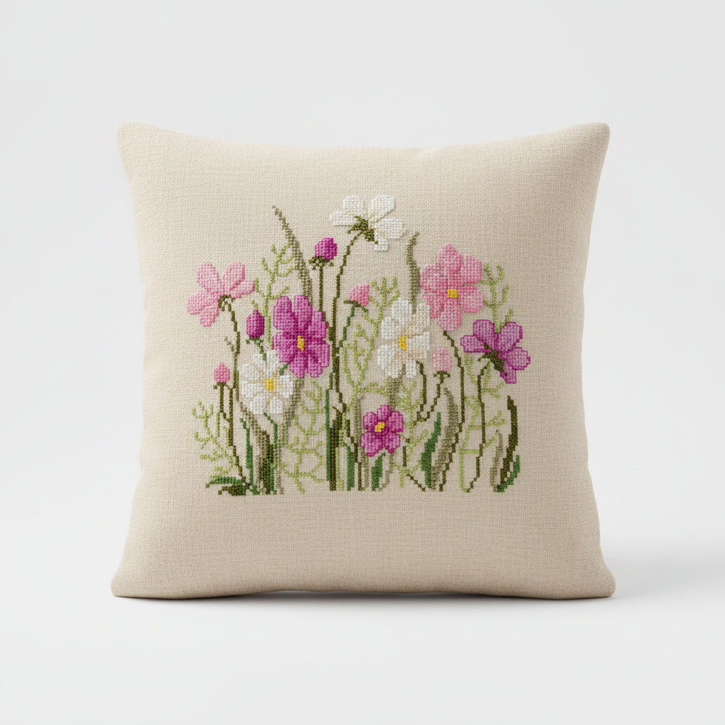 Pink Flowers – Broderikit til Pute med Påtrykt Mønster fra Vervaco