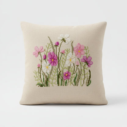 Pink Flowers – Broderikit til Pute med Påtrykt Mønster fra Vervaco